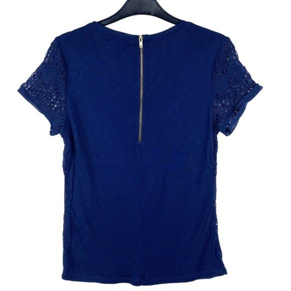 VERVE Ami Top Womens Small Lace Navy Short Sleeve Pullover Shirt Back Zipper - Picture 2 of 9